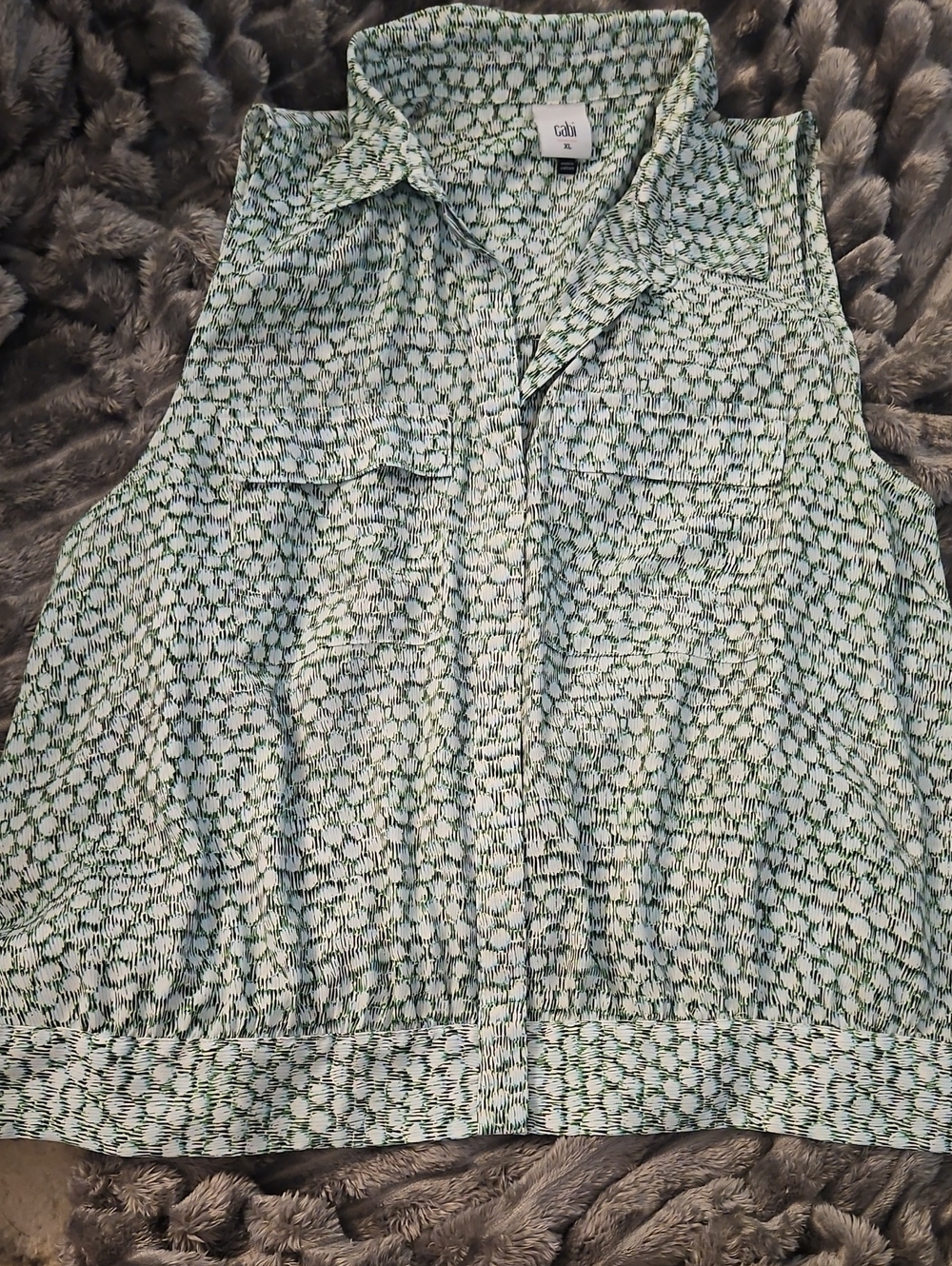 CAbi Sleeveless Green and White Patterned Blouse